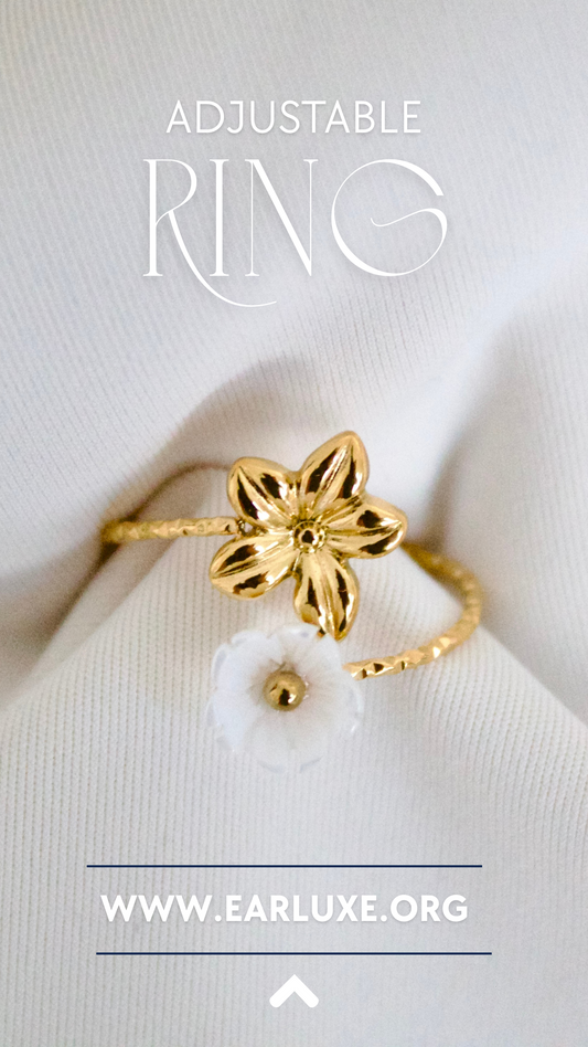 Gold and White flower adjustable Ring